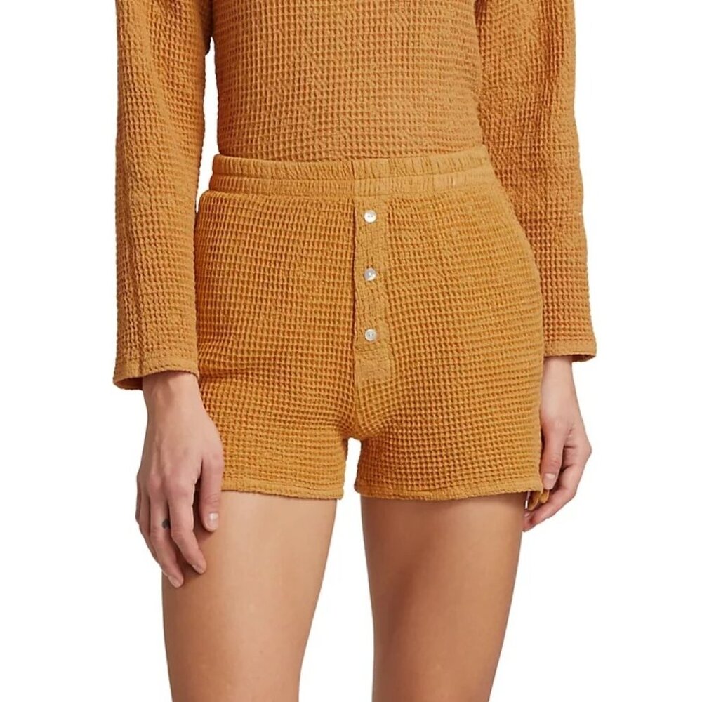 DONNI. Waffle Knit Yellow Mother Of Pearl Shorts Women's Medium M - Picture 2 of 9